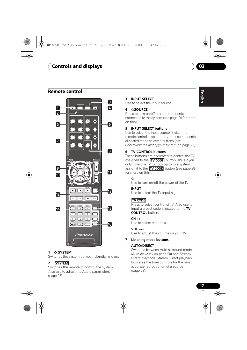 Remote control, Controls and displays 03 | Pioneer HTP-SB300 User Manual | Page 17 / 124