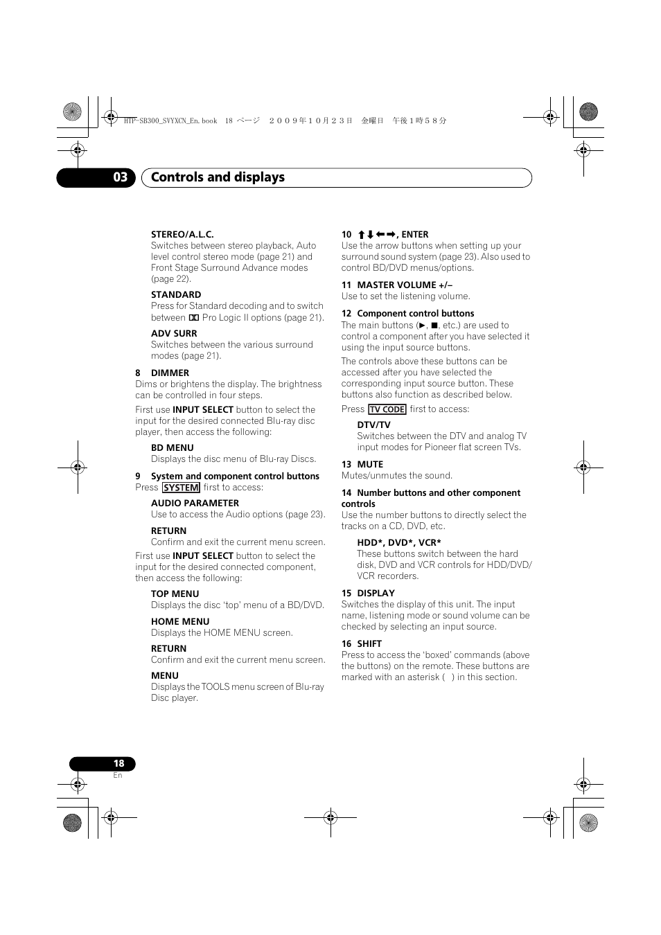 Controls and displays 03 | Pioneer HTP-SB300 User Manual | Page 18 / 124