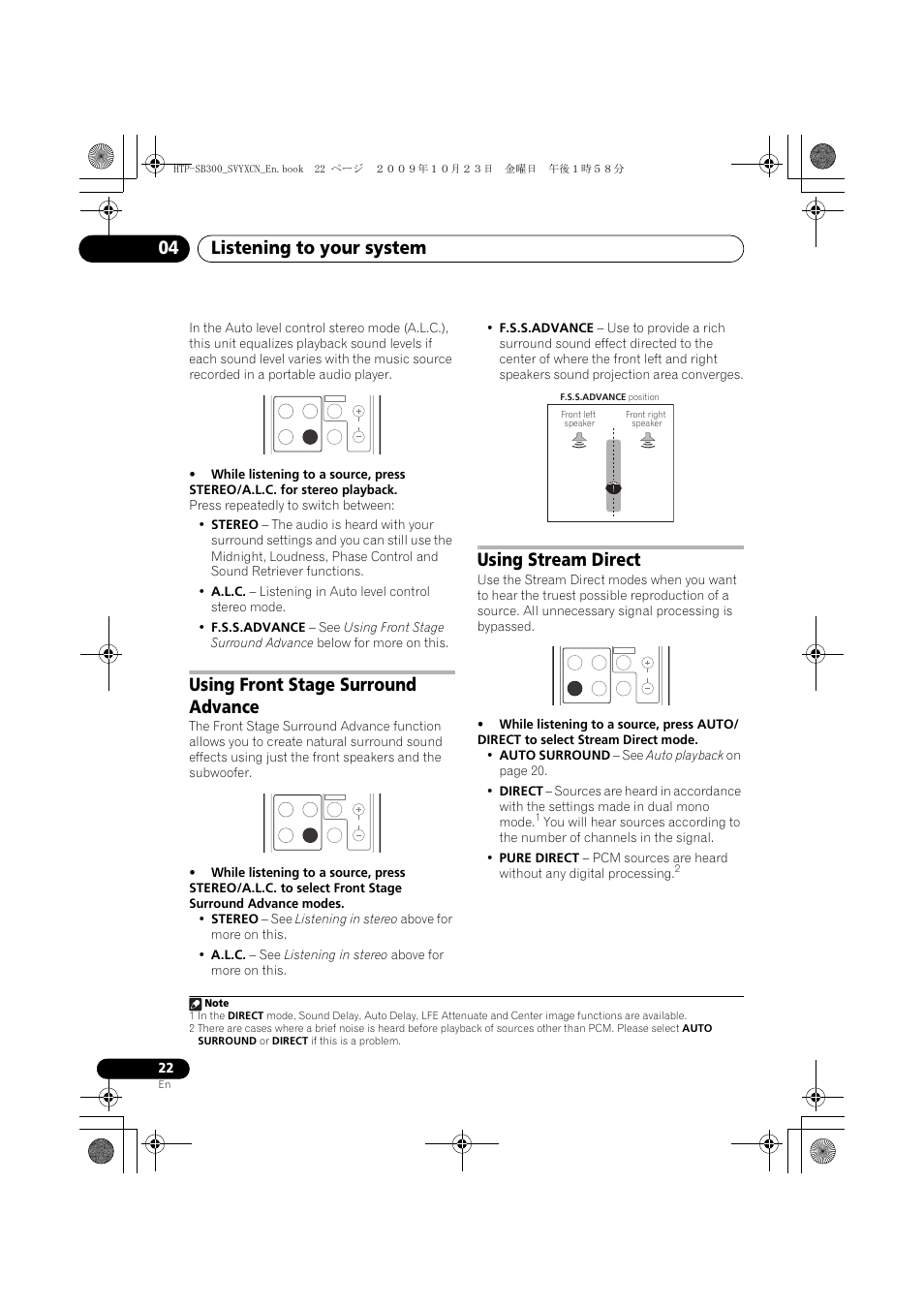 Using front stage surround advance, Using stream direct, Listening to your system 04 | Pioneer HTP-SB300 User Manual | Page 22 / 124