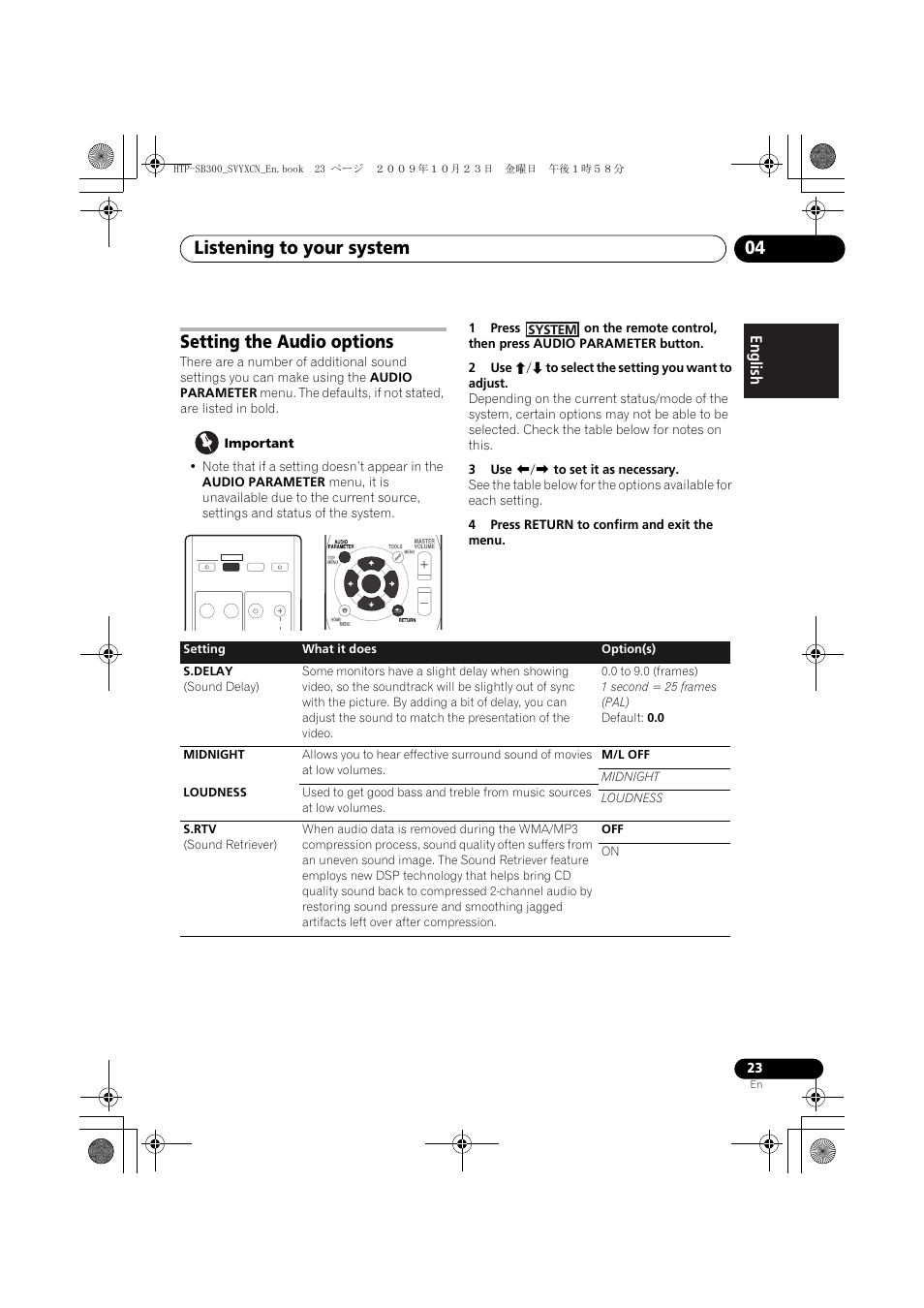 Setting the audio options, Listening to your system 04 | Pioneer HTP-SB300 User Manual | Page 23 / 124