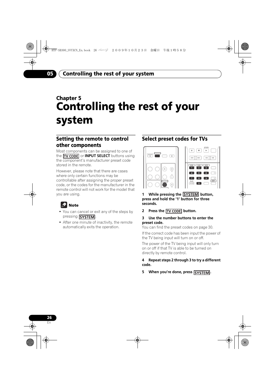 Controlling the rest of your system, Setting the remote to control other components, Select preset codes for tvs | 05 controlling the rest of your system, Controlling the rest of your system 05, Chapter 5 | Pioneer HTP-SB300 User Manual | Page 26 / 124