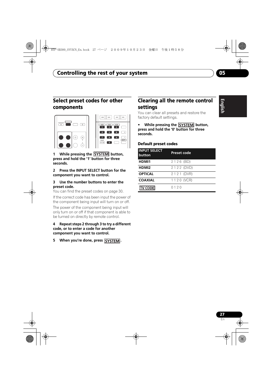 Select preset codes for other components, Clearing all the remote control settings, Controlling the rest of your system 05 | Pioneer HTP-SB300 User Manual | Page 27 / 124