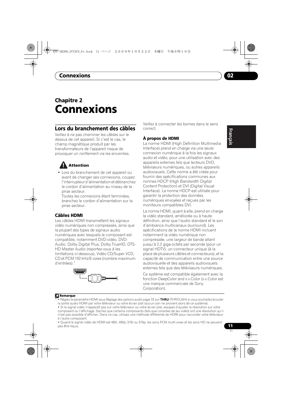 Connexions, Lors du branchement des câbles, Câbles hdmi | 02 connexions, Connexions 02, Chapitre 2 | Pioneer HTP-SB300 User Manual | Page 51 / 124
