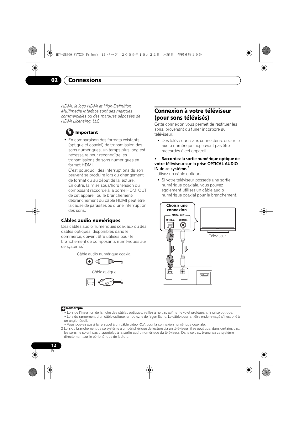 Câbles audio numériques, Connexion à votre téléviseur (pour sons télévisés), Téléviseur | Connexions 02 | Pioneer HTP-SB300 User Manual | Page 52 / 124