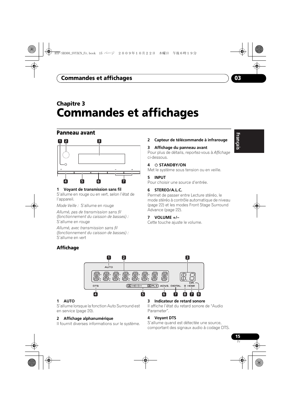 Commandes et affichages, Panneau avant, Affichage | 03 commandes et affichages, Commandes et affichages 03, Chapitre 3 | Pioneer HTP-SB300 User Manual | Page 55 / 124