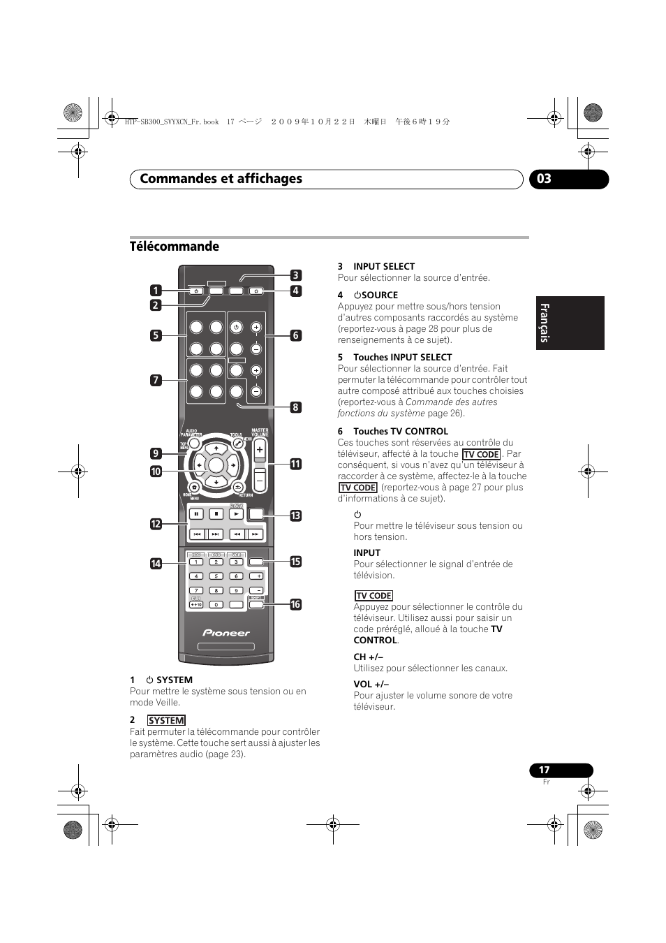 Télécommande, Commandes et affichages 03 | Pioneer HTP-SB300 User Manual | Page 57 / 124