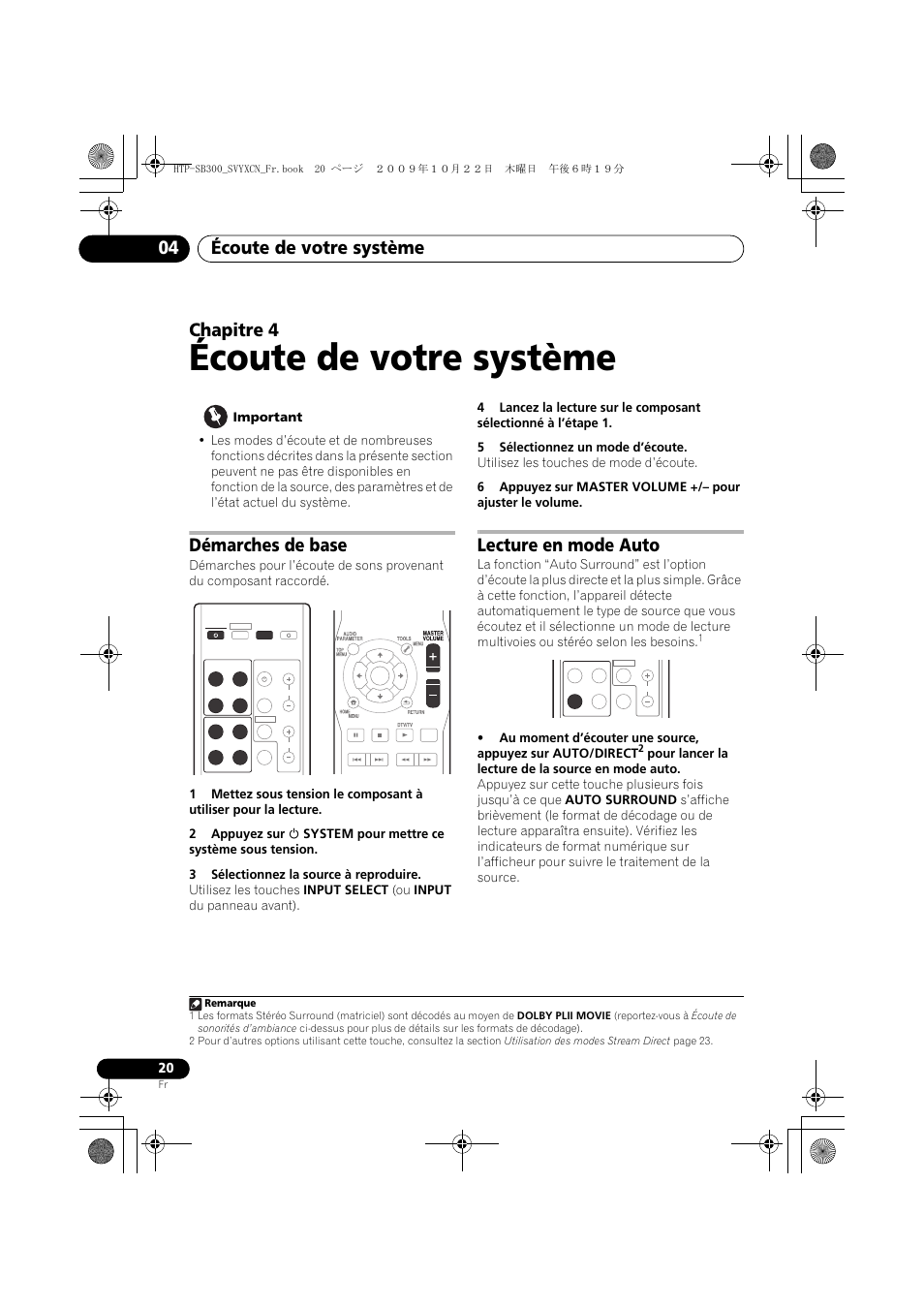 Écoute de votre système, Démarches de base, Lecture en mode auto | 04 écoute de votre système, Écoute de votre système 04, Chapitre 4 | Pioneer HTP-SB300 User Manual | Page 60 / 124