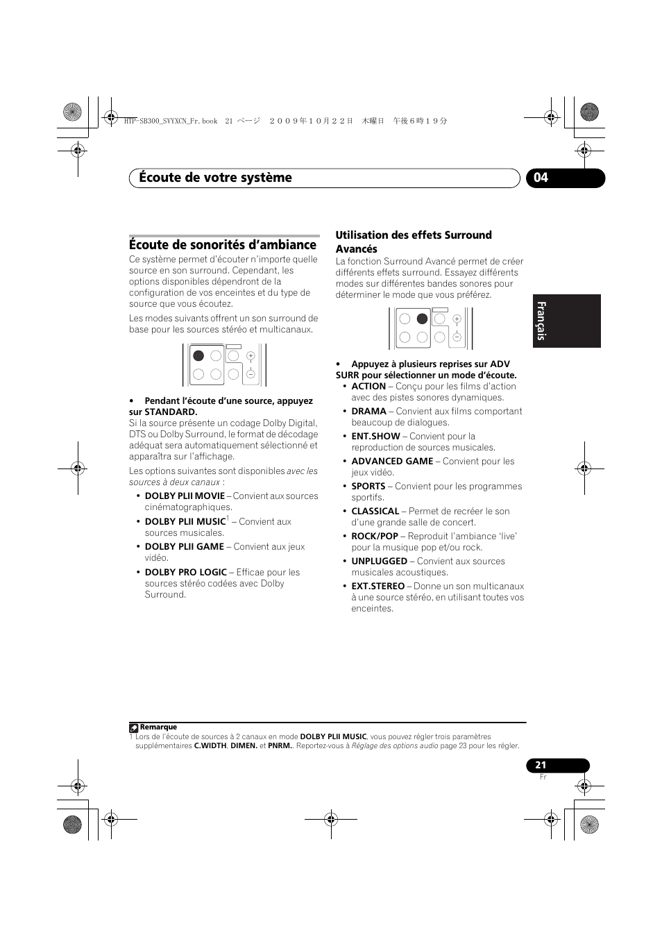 Écoute de sonorités d’ambiance, Utilisation des effets surround avancés, Écoute de votre système 04 | Pioneer HTP-SB300 User Manual | Page 61 / 124