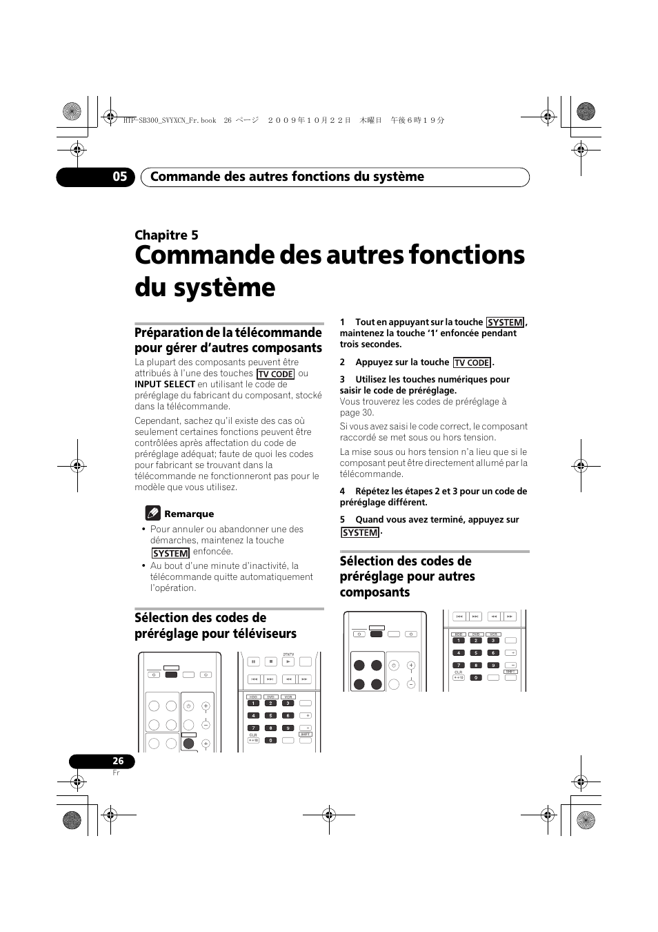 Commande des autres fonctions du système, Sélection des codes de préréglage pour téléviseurs, 05 commande des autres fonctions du système | Commande des autres fonctions du système 05, Chapitre 5 | Pioneer HTP-SB300 User Manual | Page 66 / 124