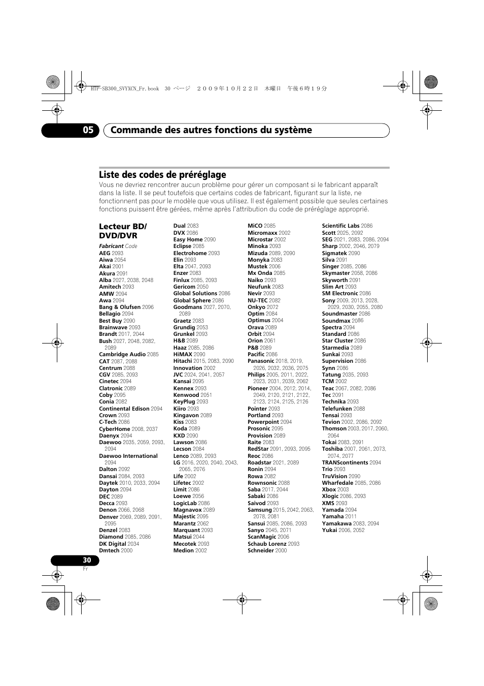 Liste des codes de préréglage, Commande des autres fonctions du système 05 | Pioneer HTP-SB300 User Manual | Page 70 / 124