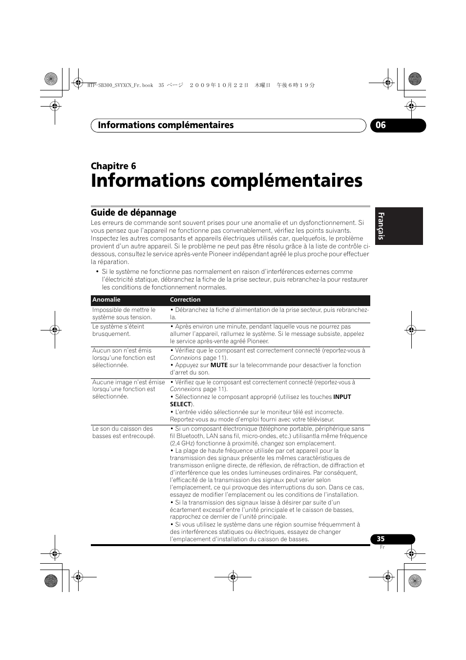 Informations complémentaires, Guide de dépannage, 06 informations complémentaires | Informations complémentaires 06, Chapitre 6 | Pioneer HTP-SB300 User Manual | Page 75 / 124