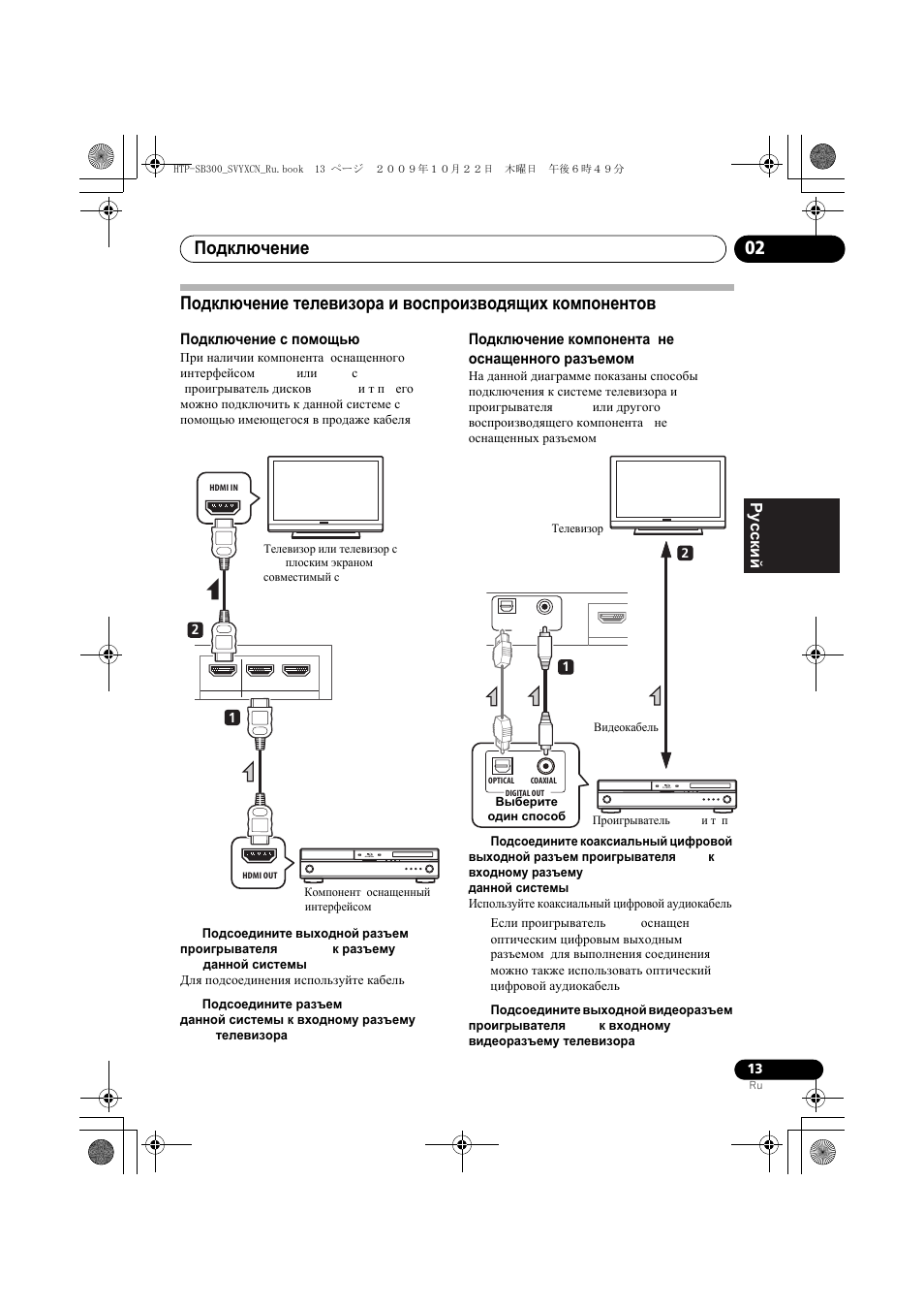 Подкл чение с помощь hdmi, Телевизо, Подключение 02 | English français pyccкий | Pioneer HTP-SB300 User Manual | Page 93 / 124