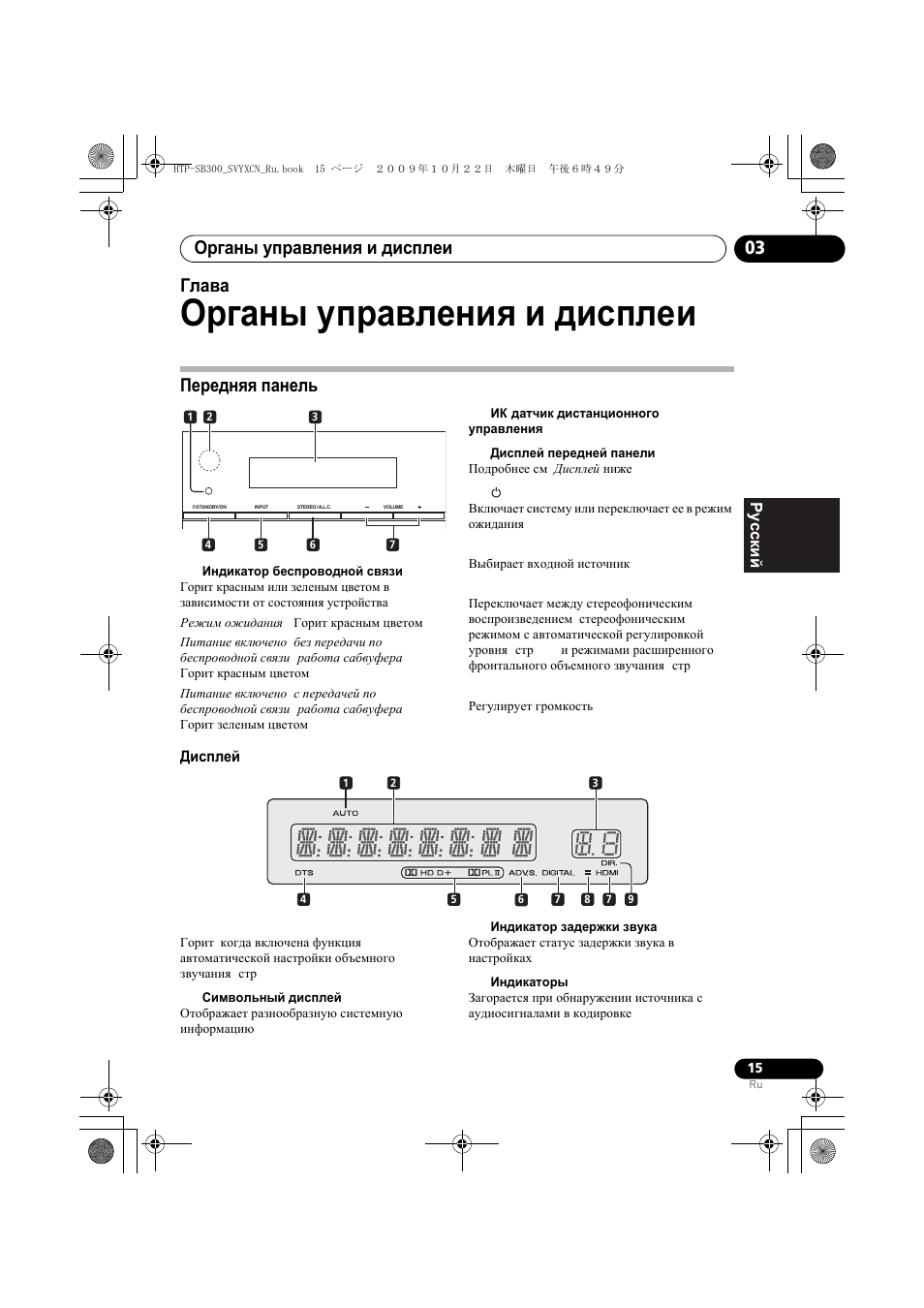 О²ганы уп²авлениш и дисплеи, Пе²едншш панель, Дисплей | Органы управления и дисплеи, Передняя панель, Органы управления и дисплеи 03, Глава 3 | Pioneer HTP-SB300 User Manual | Page 95 / 124