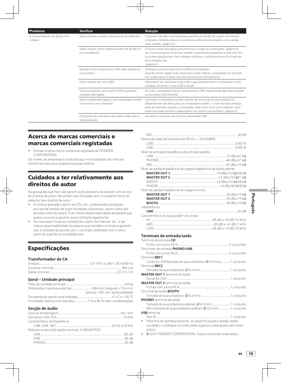 Cuidados a ter relativamente aos direitos de autor, Especificações | Pioneer DDJ-SX User Manual | Page 109 / 132