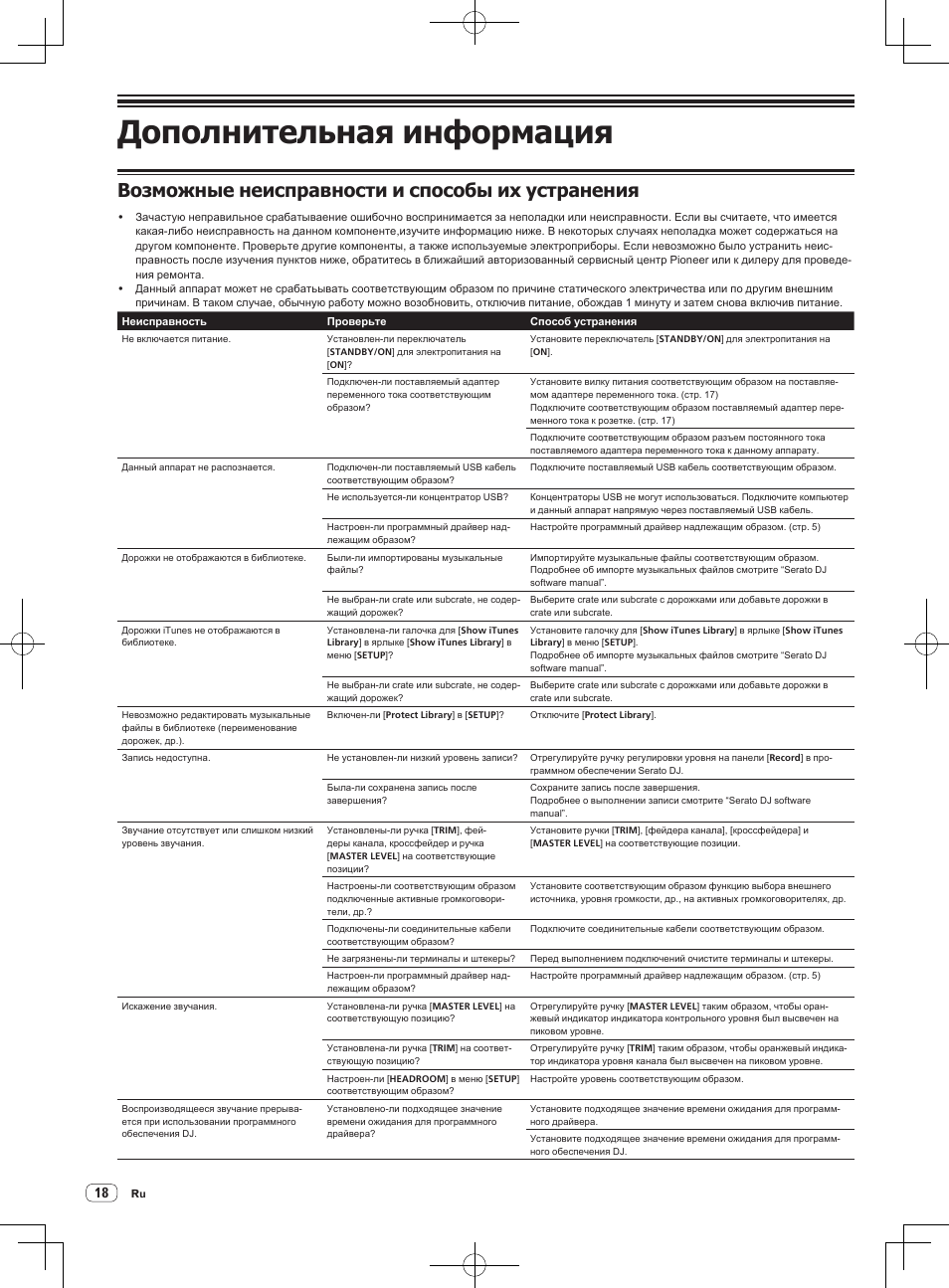 Дополнительная информация, Возможные неисправности и способы их устранения | Pioneer DDJ-SX User Manual | Page 126 / 132