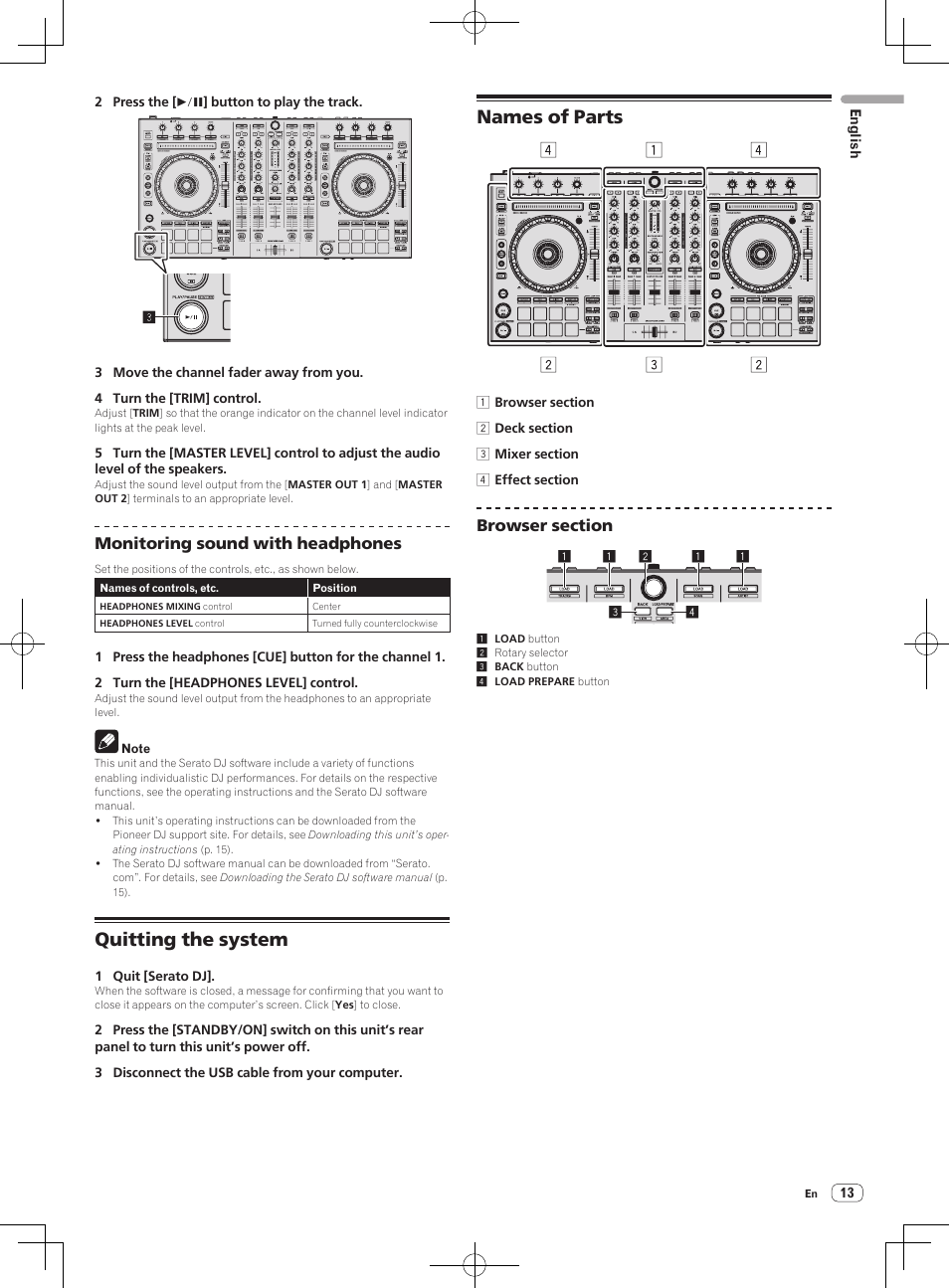 Quitting the system names of parts, Quitting the system, Names of parts | Monitoring sound with headphones | Pioneer DDJ-SX User Manual | Page 13 / 132