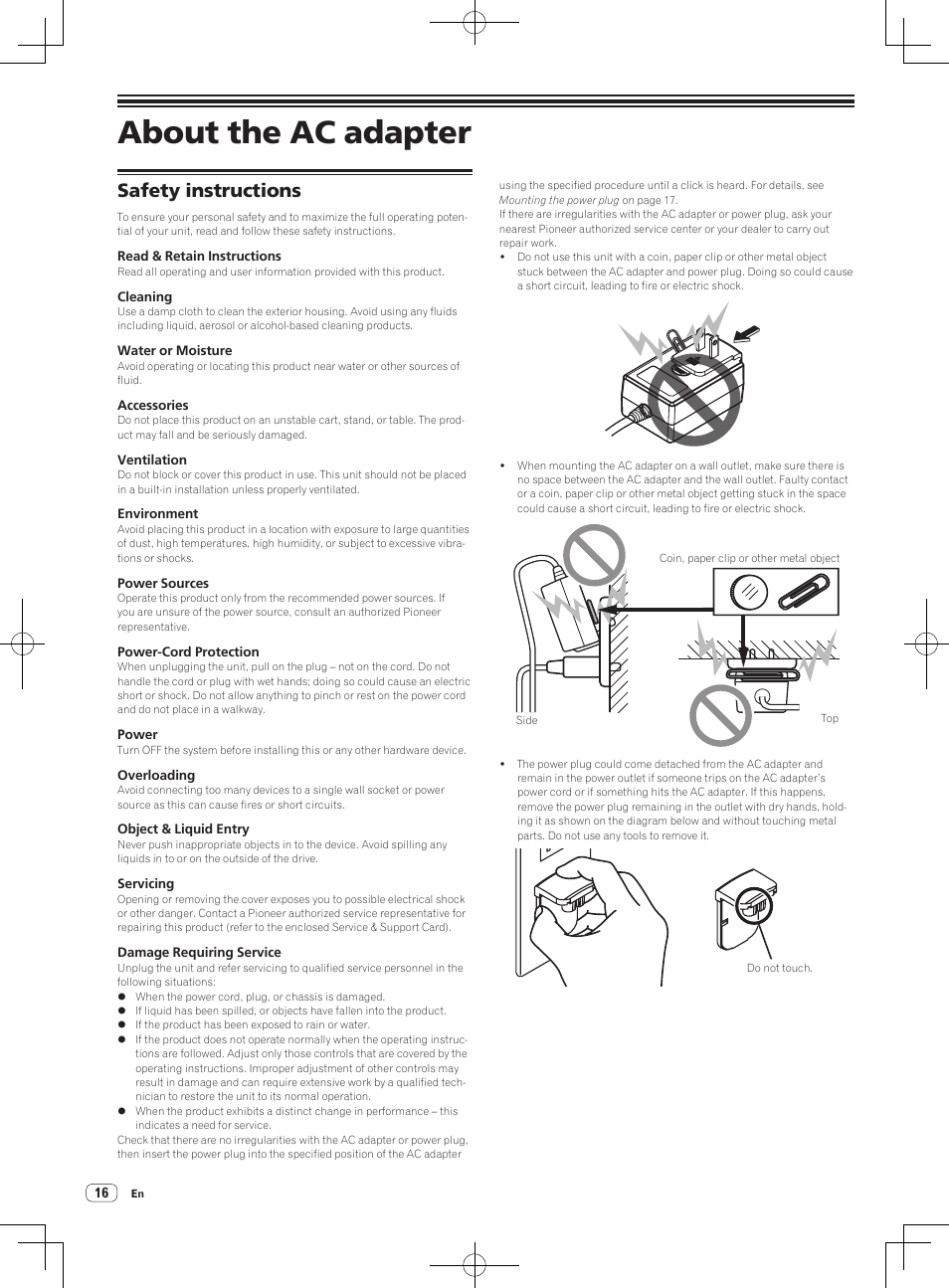 About the ac adapter, Safety instructions | Pioneer DDJ-SX User Manual | Page 16 / 132