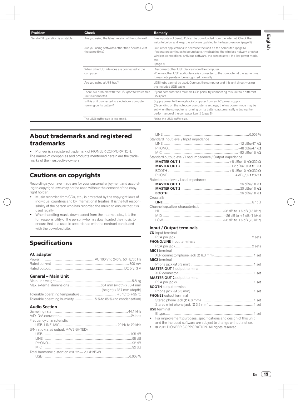 About trademarks and registered trademarks, Cautions on copyrights, Specifications | Pioneer DDJ-SX User Manual | Page 19 / 132