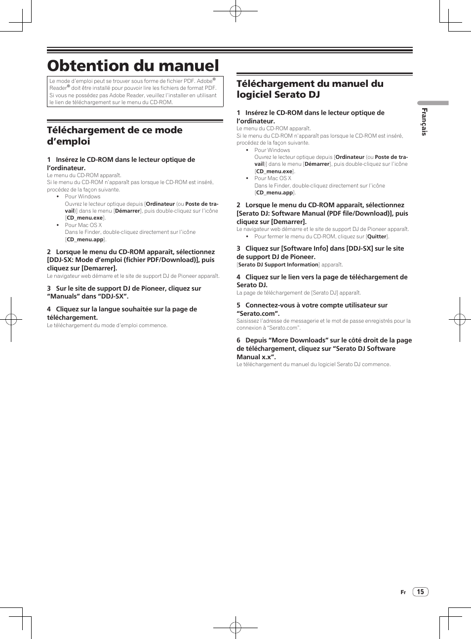 Obtention du manuel, Téléchargement de ce mode d’emploi, Téléchargement du manuel du logiciel serato dj | Pioneer DDJ-SX User Manual | Page 33 / 132