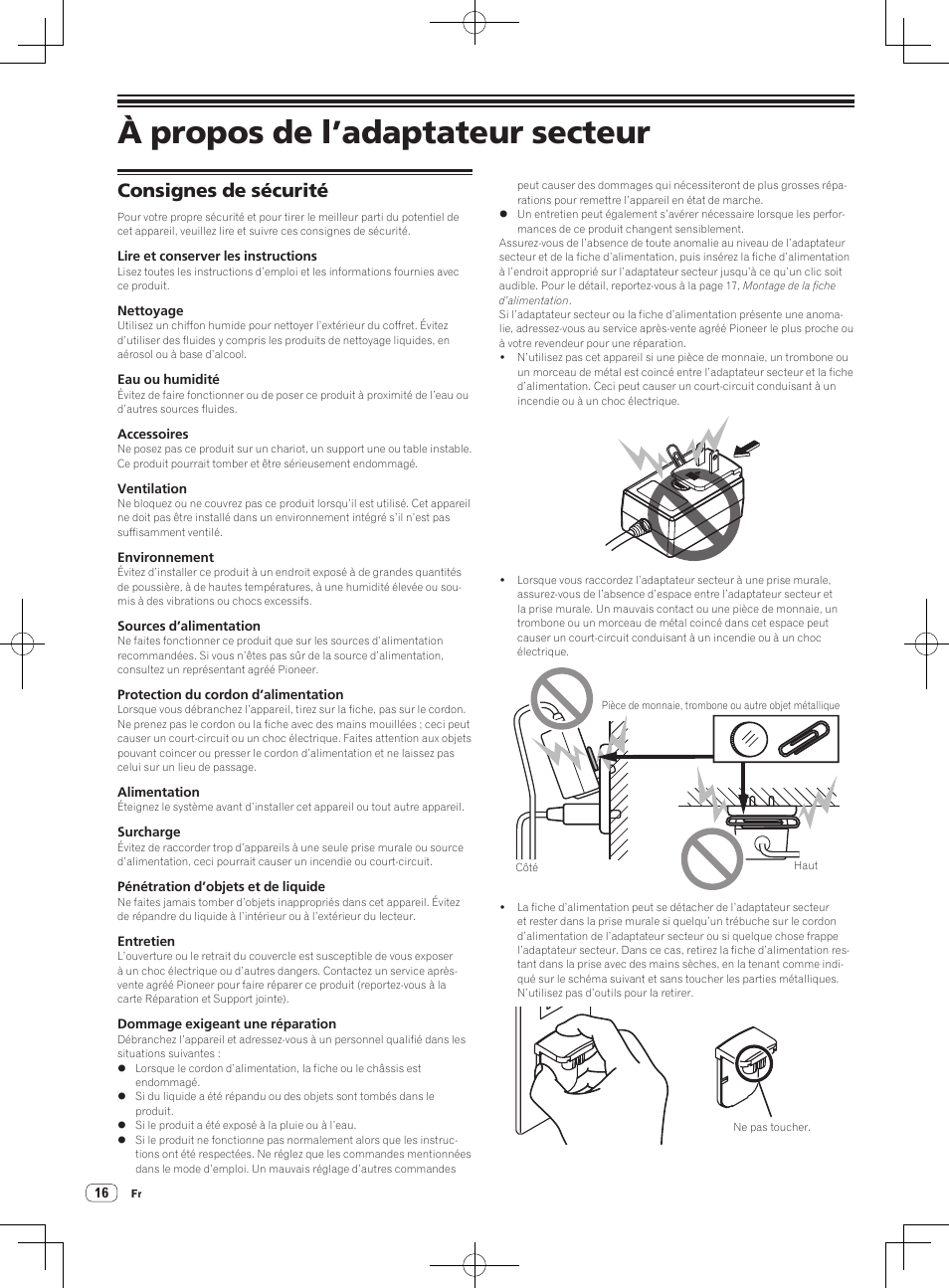 À propos de l’adaptateur secteur, Consignes de sécurité | Pioneer DDJ-SX User Manual | Page 34 / 132