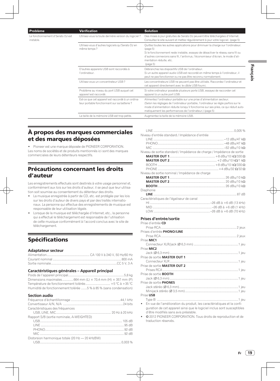 Précautions concernant les droits d’auteur, Spécifications | Pioneer DDJ-SX User Manual | Page 37 / 132