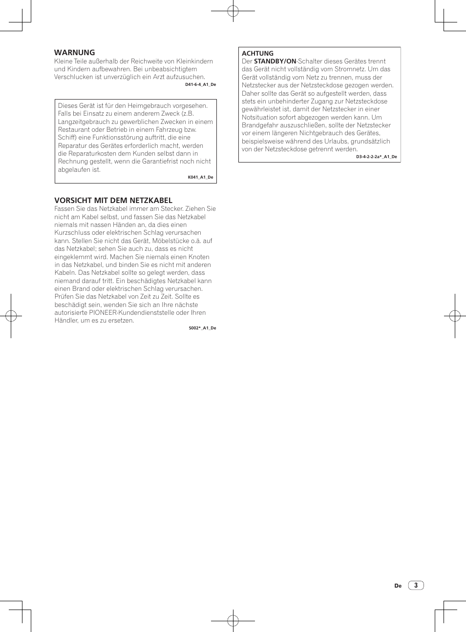 Vorsicht mit dem netzkabel, Warnung | Pioneer DDJ-SX User Manual | Page 39 / 132