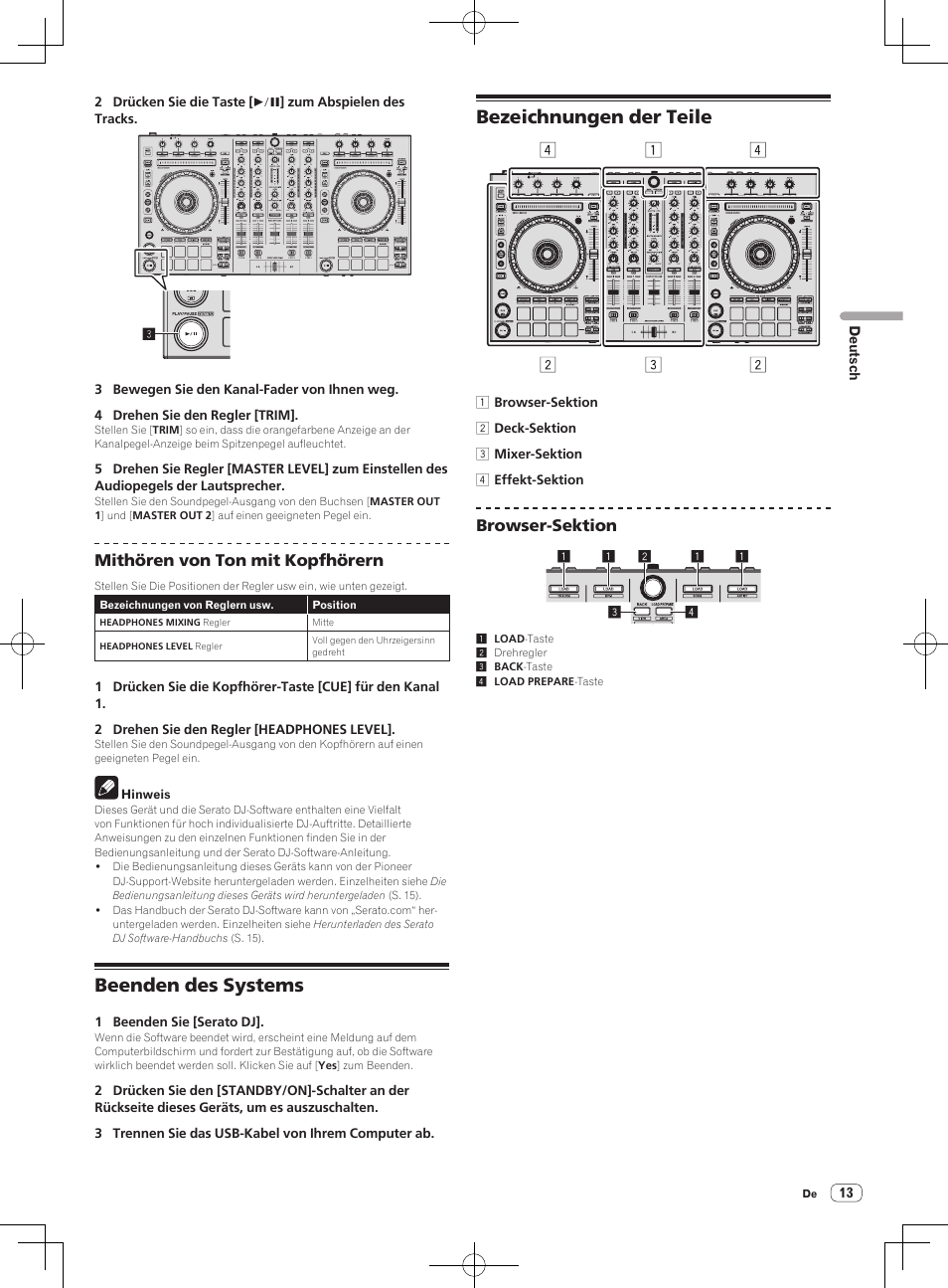Beenden des systems bezeichnungen der teile, Beenden des systems, Bezeichnungen der teile | Mithören von ton mit kopfhörern, Browser-sektion | Pioneer DDJ-SX User Manual | Page 49 / 132