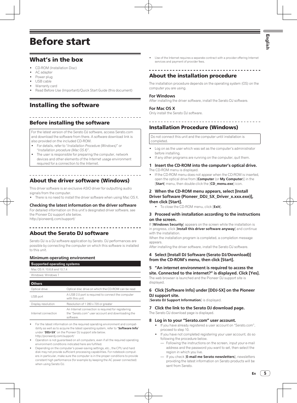Before start, What’s in the box installing the software, What’s in the box | Installing the software, Before installing the software, About the driver software (windows), About the serato dj software, About the installation procedure, Installation procedure (windows) | Pioneer DDJ-SX User Manual | Page 5 / 132