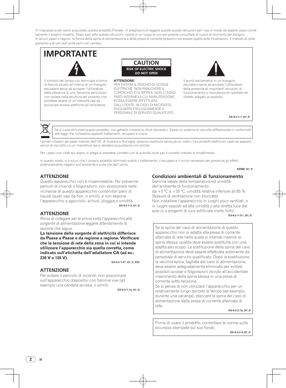 Importante, Caution, Attenzione | Condizioni ambientali di funzionamento | Pioneer DDJ-SX User Manual | Page 56 / 132