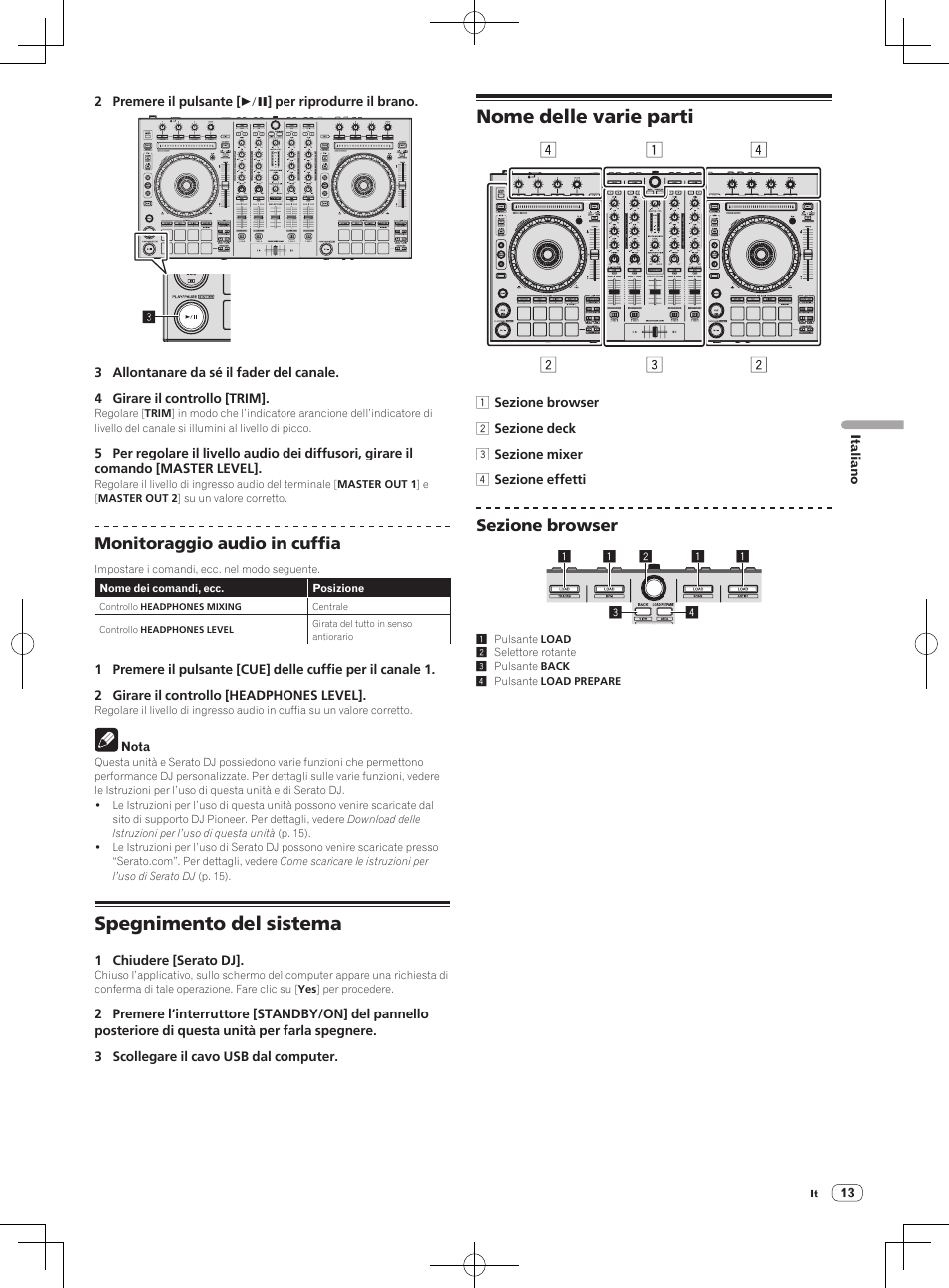 Spegnimento del sistema nome delle varie parti, Spegnimento del sistema, Nome delle varie parti | Monitoraggio audio in cuffia, Sezione browser | Pioneer DDJ-SX User Manual | Page 67 / 132