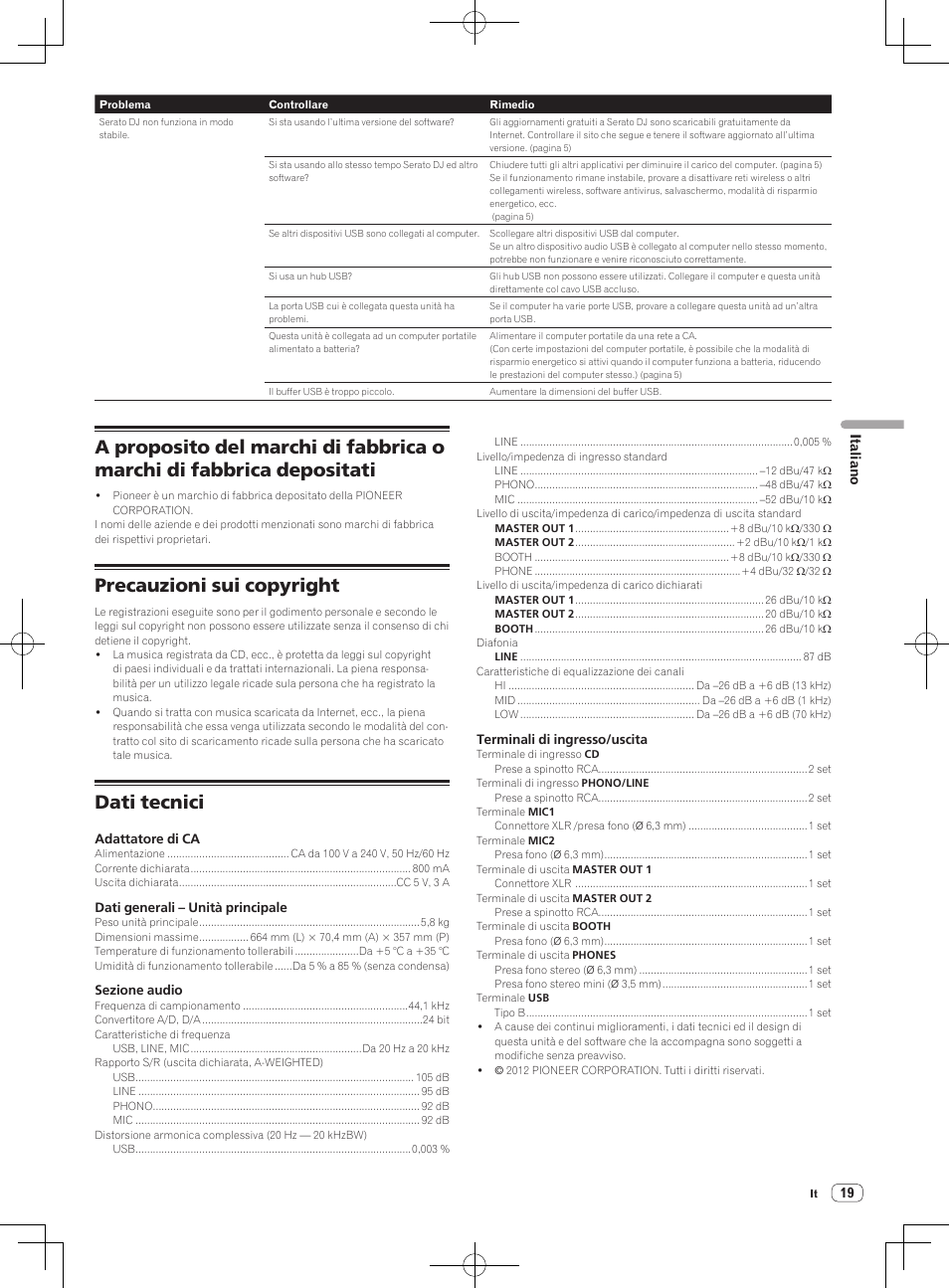 Precauzioni sui copyright, Dati tecnici | Pioneer DDJ-SX User Manual | Page 73 / 132