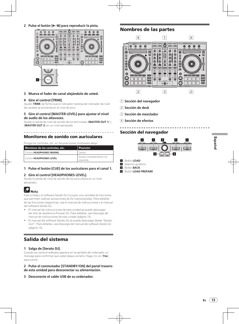 Salida del sistema nombres de las partes, Salida del sistema, Nombres de las partes | Monitoreo de sonido con auriculares, Sección del navegador | Pioneer DDJ-SX User Manual | Page 85 / 132