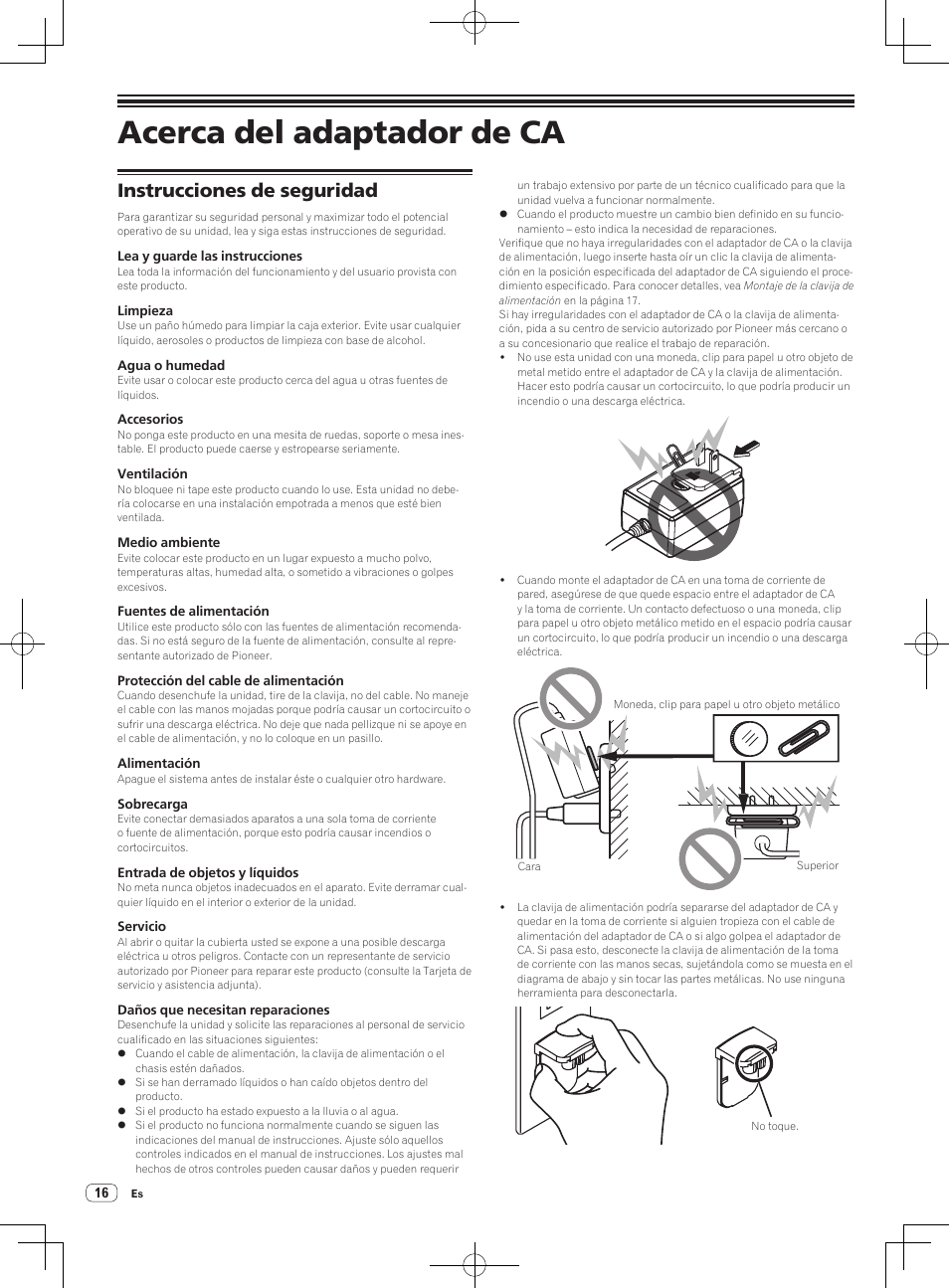 Acerca del adaptador de ca, Instrucciones de seguridad | Pioneer DDJ-SX User Manual | Page 88 / 132