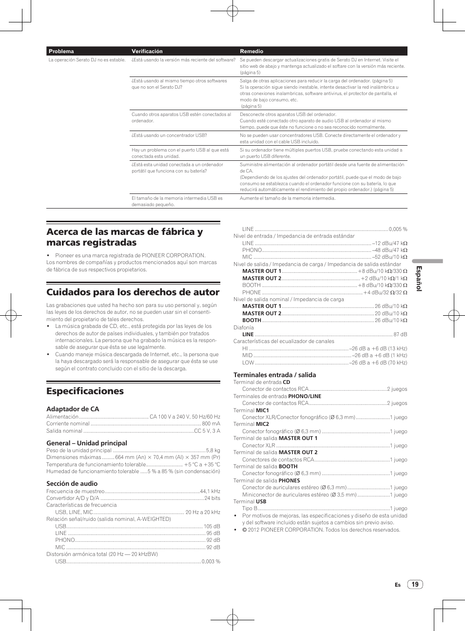 Cuidados para los derechos de autor, Especificaciones | Pioneer DDJ-SX User Manual | Page 91 / 132