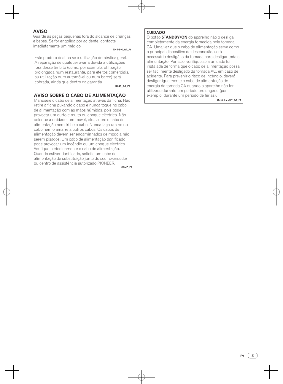 Aviso sobre o cabo de alimentação, Aviso | Pioneer DDJ-SX User Manual | Page 93 / 132