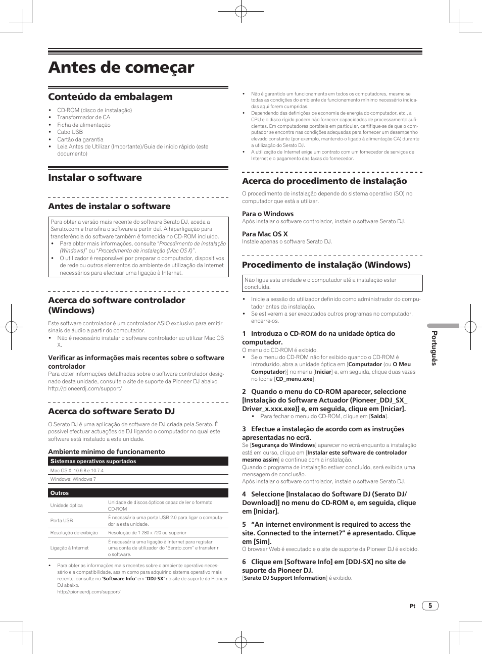 Antes de começar, Conteúdo da embalagem instalar o software, Conteúdo da embalagem | Instalar o software, Antes de instalar o software, Acerca do software controlador (windows), Acerca do software serato dj, Acerca do procedimento de instalação, Procedimento de instalação (windows) | Pioneer DDJ-SX User Manual | Page 95 / 132
