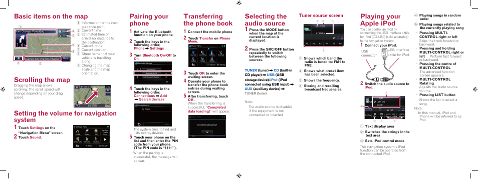 Basic items on the map, Pairing your phone, Transferring the phone book | Selecting the audio source, Playing your apple ipod, Tuner source screen | Pioneer AVIC-F310BT User Manual | Page 2 / 2