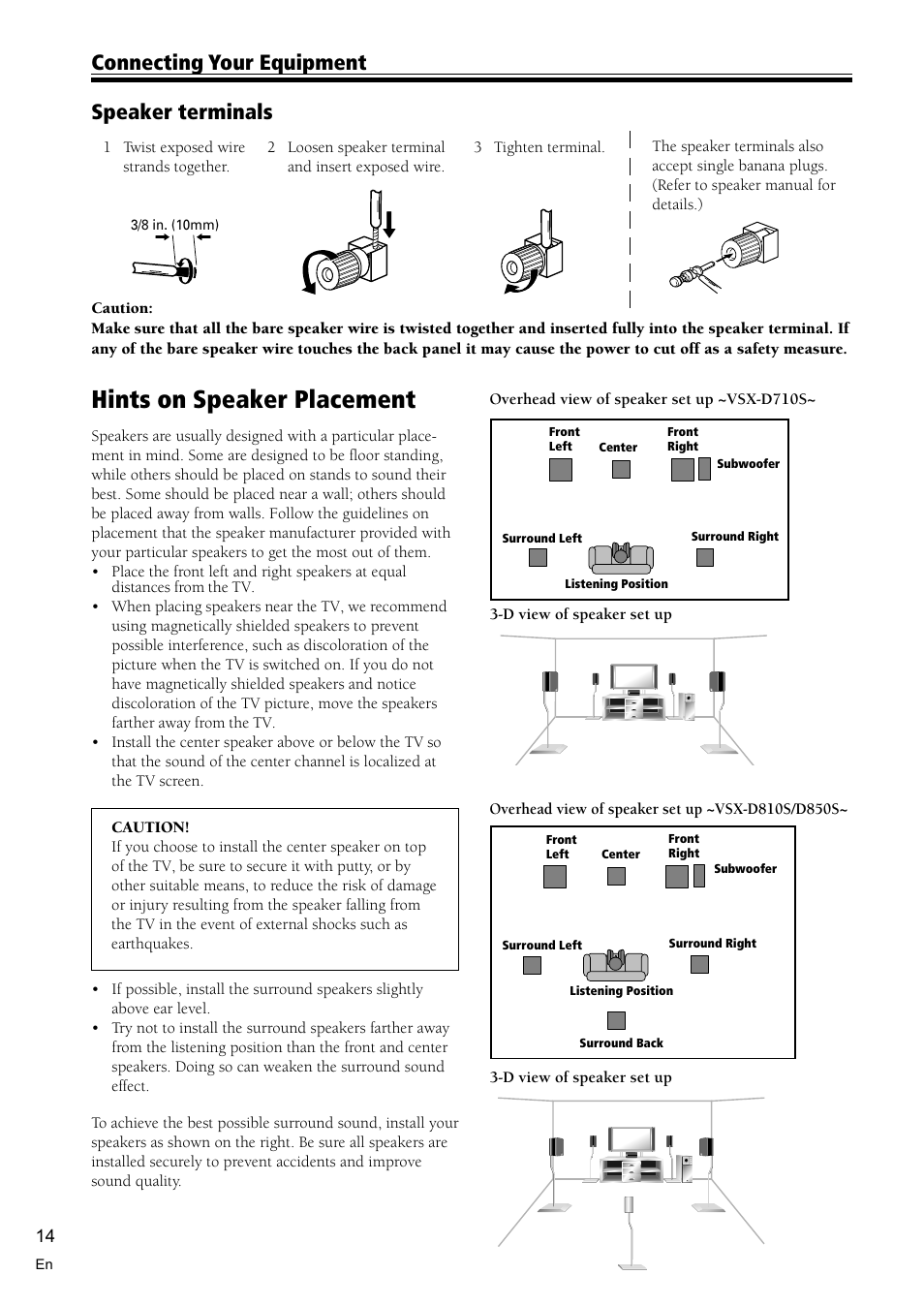 Hints on speaker placement 14, Hints on speaker placement, Connecting your equipment | Speaker terminals | Pioneer VSX-D710S User Manual | Page 14 / 52