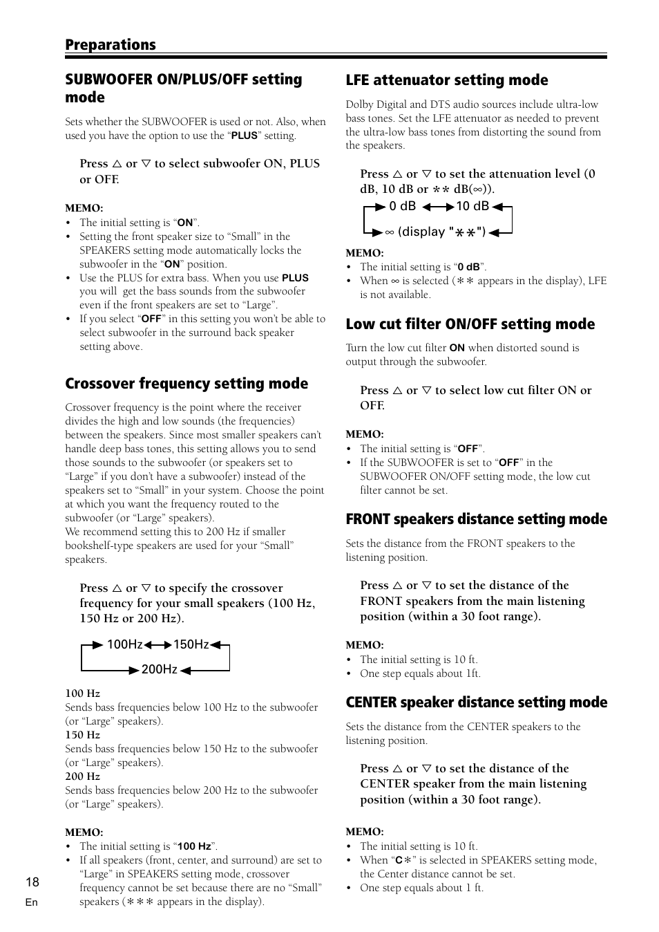 Preparations crossover frequency setting mode, Lfe attenuator setting mode, Low cut filter on/off setting mode | Front speakers distance setting mode, Center speaker distance setting mode, Subwoofer on/plus/off setting mode | Pioneer VSX-D710S User Manual | Page 18 / 52