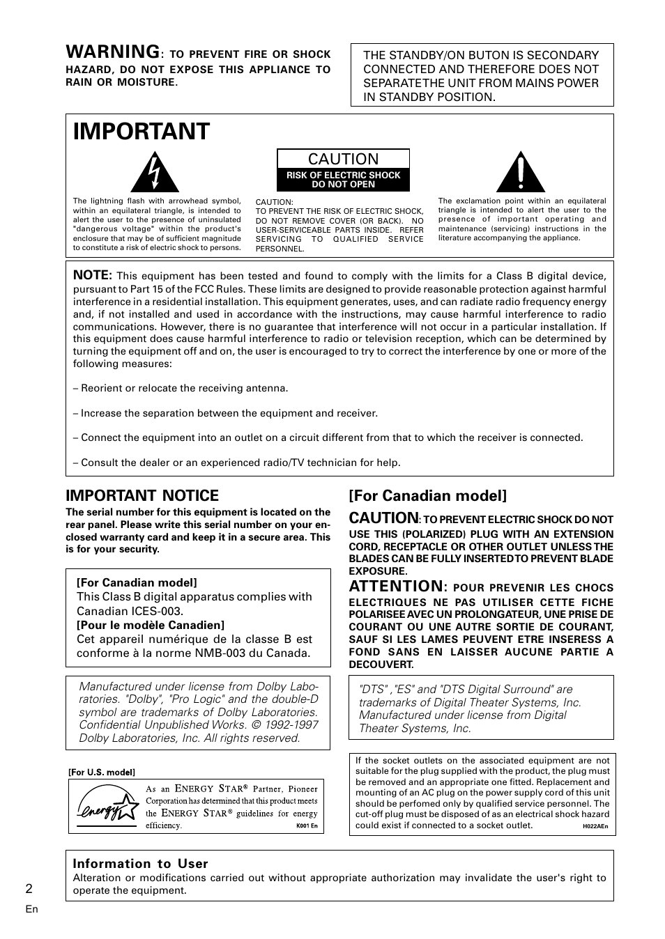 Important, Warning, Caution | Important notice, For canadian model] caution, Attention | Pioneer VSX-D710S User Manual | Page 2 / 52