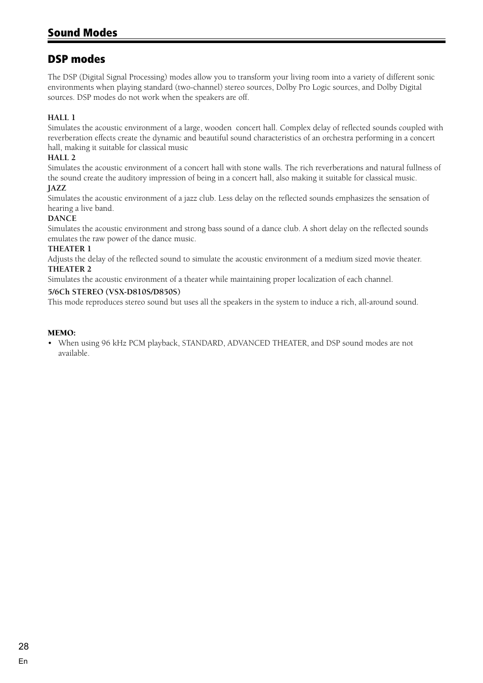 Dsp modes, Sound modes | Pioneer VSX-D710S User Manual | Page 28 / 52