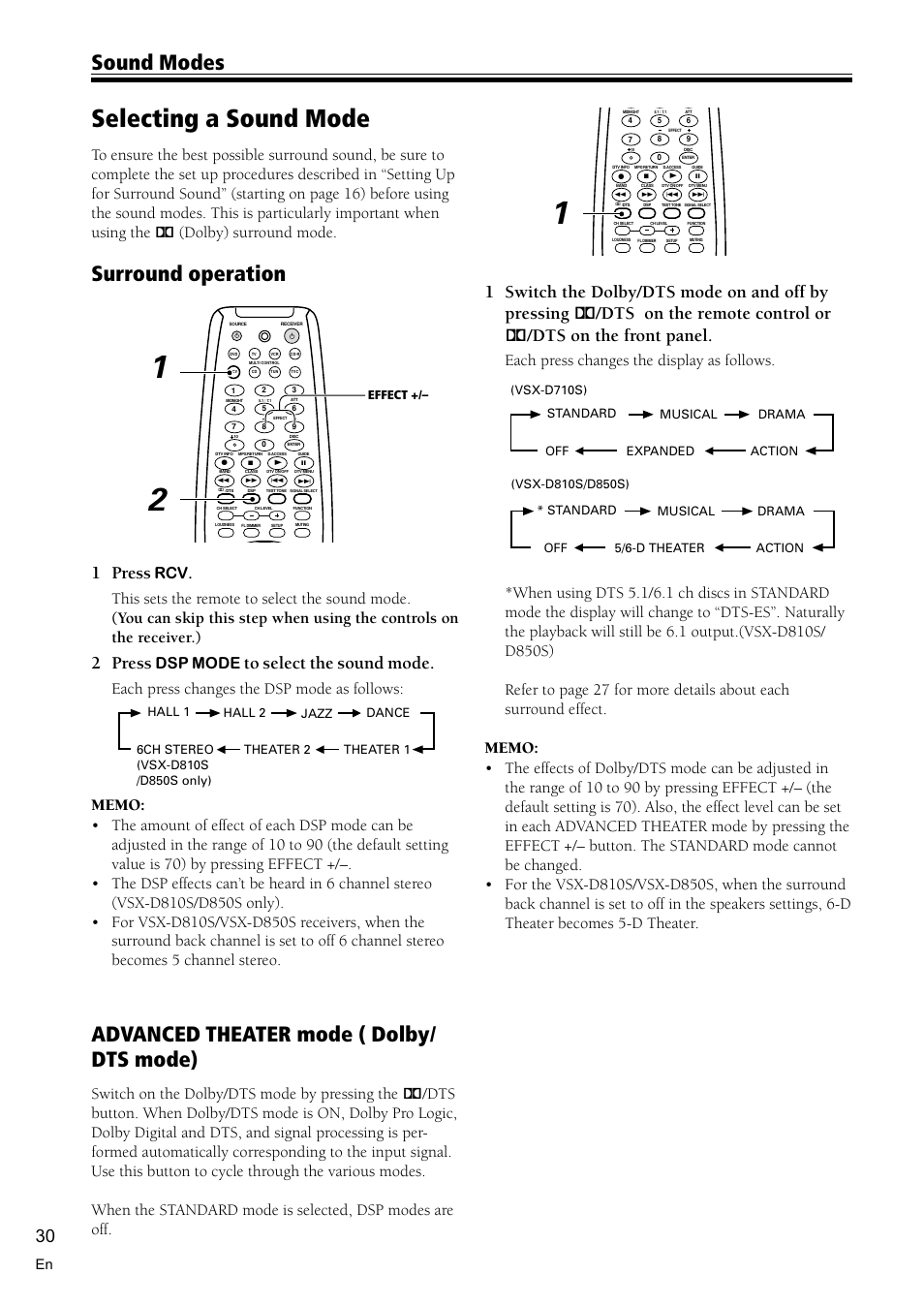 Selecting a sound mode 30, Sorround operation 30, Advanced theater mode ( dolby/dts mode) 30 | Selecting a sound mode, Advanced theater mode ( dolby/ dts mode), Sound modes, Surround operation, 1 press, 2 press, Dsp mode | Pioneer VSX-D710S User Manual | Page 30 / 52