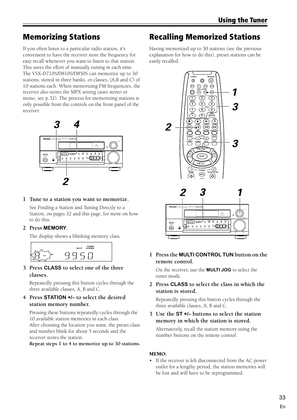 Memorizing stations 33, Recalling memorized stations 33, Using the tuner | 2 press, 3 press, 4 press, 1 press the, Button on the remote control, 3 use the, Class | Pioneer VSX-D710S User Manual | Page 33 / 52