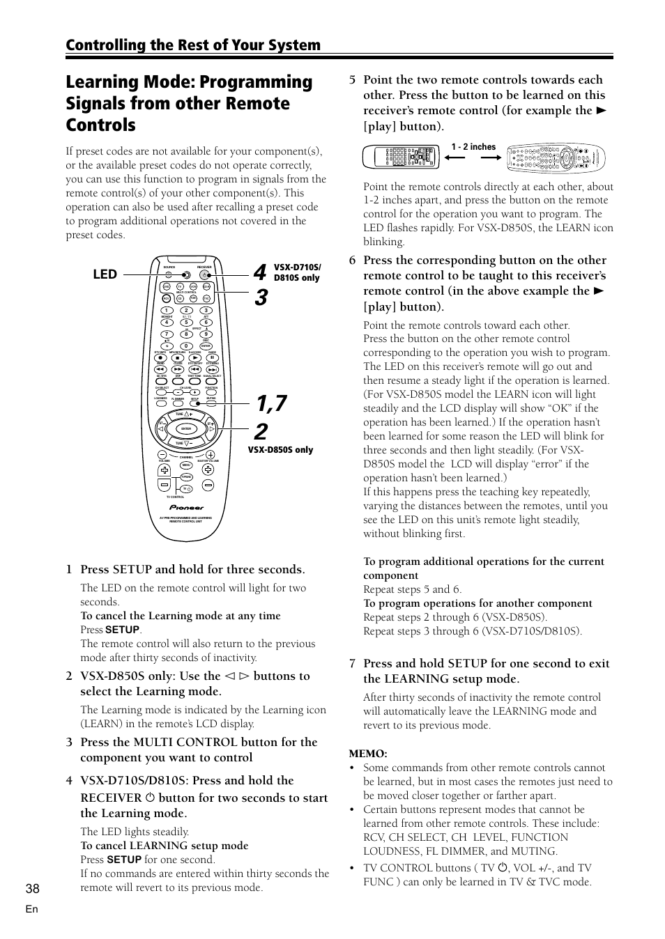 Controlling the rest of your system, 1 press setup and hold for three seconds | Pioneer VSX-D710S User Manual | Page 38 / 52