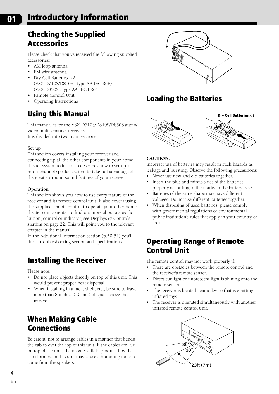 01 introductory information, Checking the supplied accessories, Using this manual | Installing the receiver, When making cable connections, Loading the batteries, Operating range of remote control unit | Pioneer VSX-D710S User Manual | Page 4 / 52