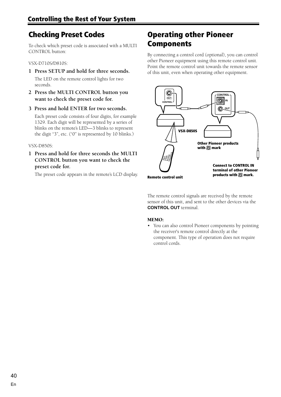 Checking preset code 40, Operating other pioneer components 40, Checking preset codes | Operating other pioneer components, Controlling the rest of your system | Pioneer VSX-D710S User Manual | Page 40 / 52