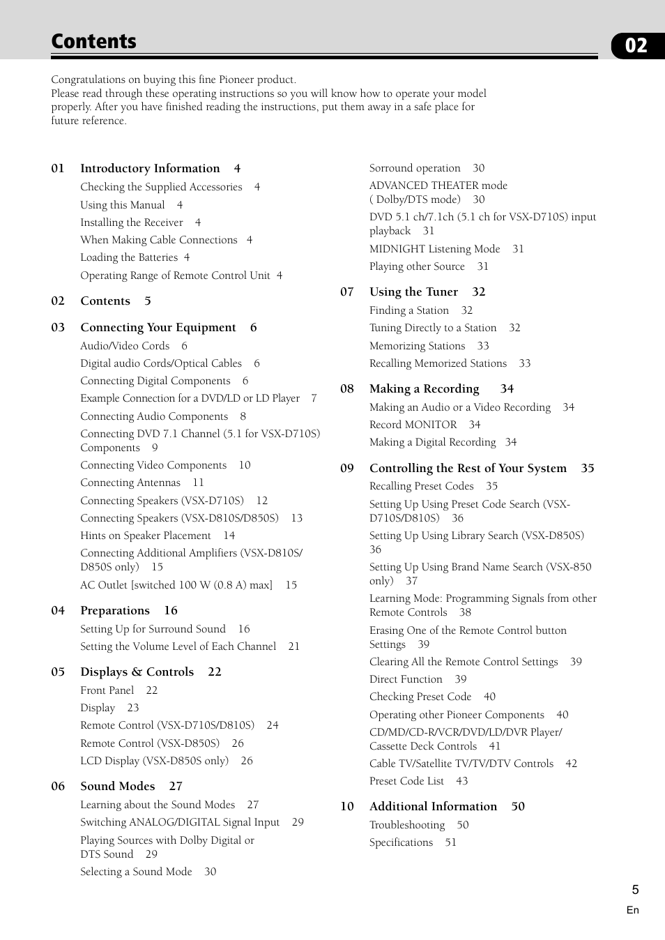 Pioneer VSX-D710S User Manual | Page 5 / 52