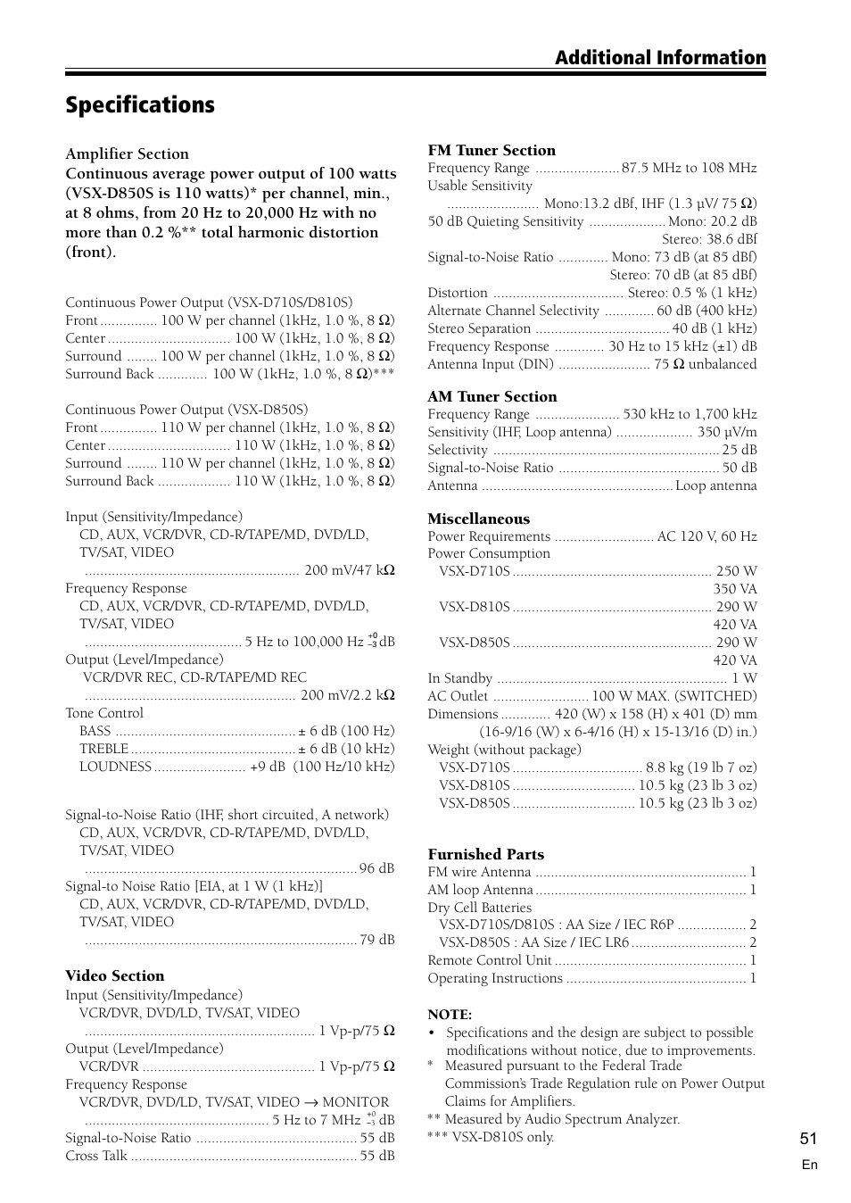 Specifications 51, Specifications, Additional information | Pioneer VSX-D710S User Manual | Page 51 / 52