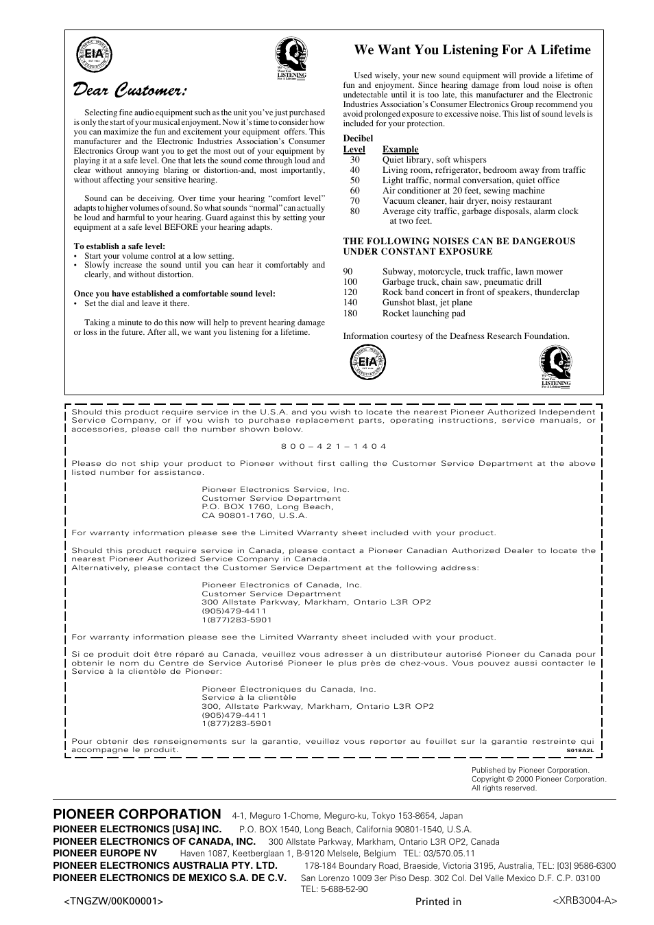 We want you listening for a lifetime, Pioneer corporation, Xrb3004-a | Printed in, Pioneer electronics [usa] inc, Pioneer electronics of canada, inc, Pioneer europe nv, Pioneer electronics australia pty. ltd, Pioneer electronics de mexico s.a. de c.v | Pioneer VSX-D710S User Manual | Page 52 / 52