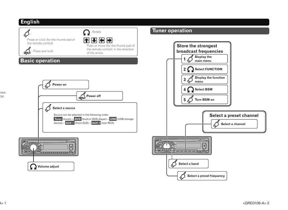 English basic operation, Tuner operation | Pioneer DVH-340UB User Manual | Page 2 / 16